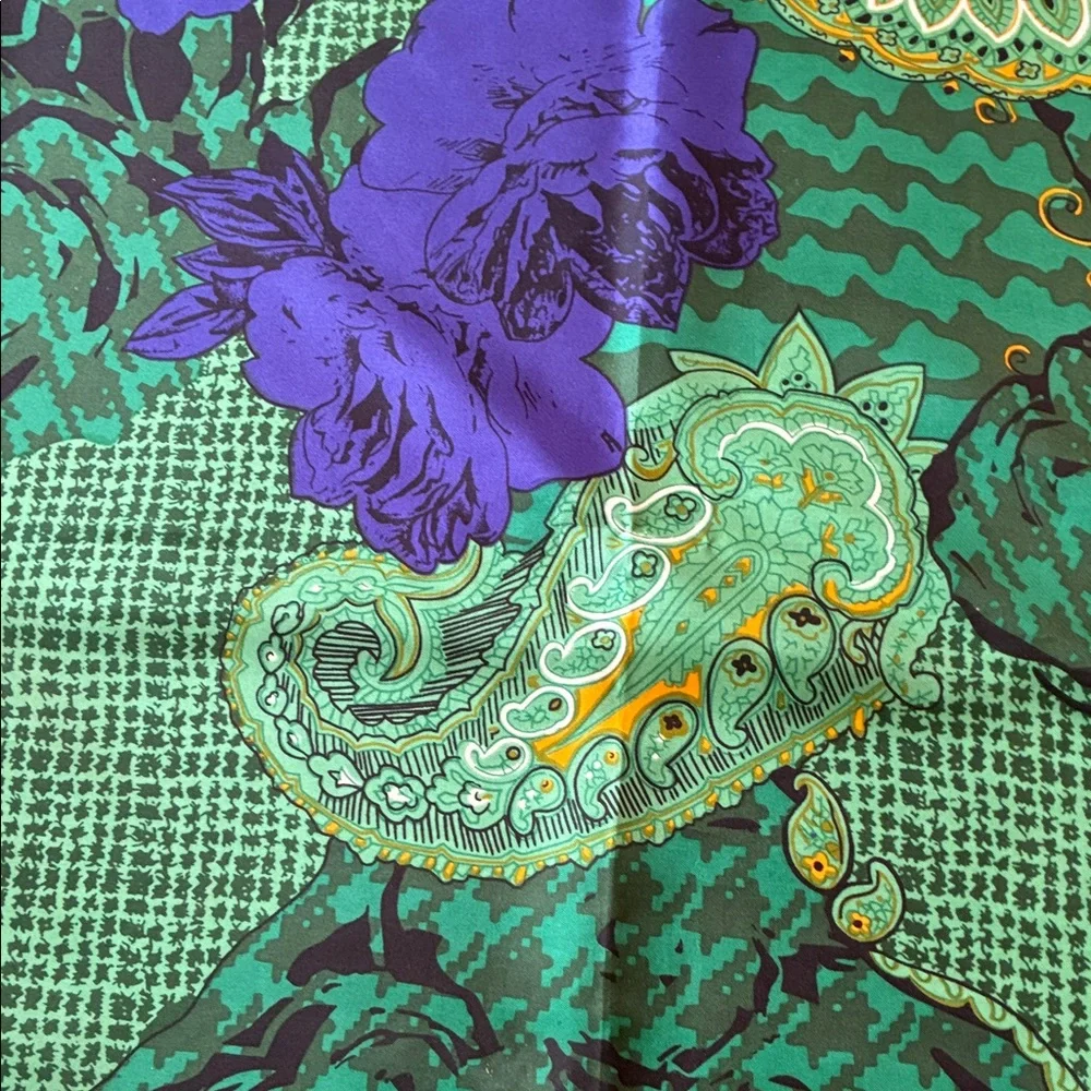 Christian Dior Green Purple and Gold 100% Silk Scarf with Floral Paisley Motif